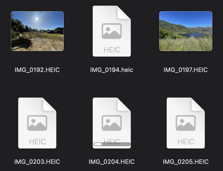 Finder icons on the PhotosFS disk. Photos on the Mac show thumbnails, photos in iCloud show a plain icon, and IMG_0204.HEIC shows a progress bar while it downloads.